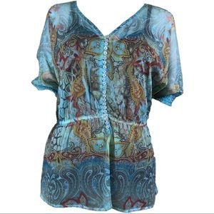 One World - Sheer Boho Flowing Aqua Blouse (377)
